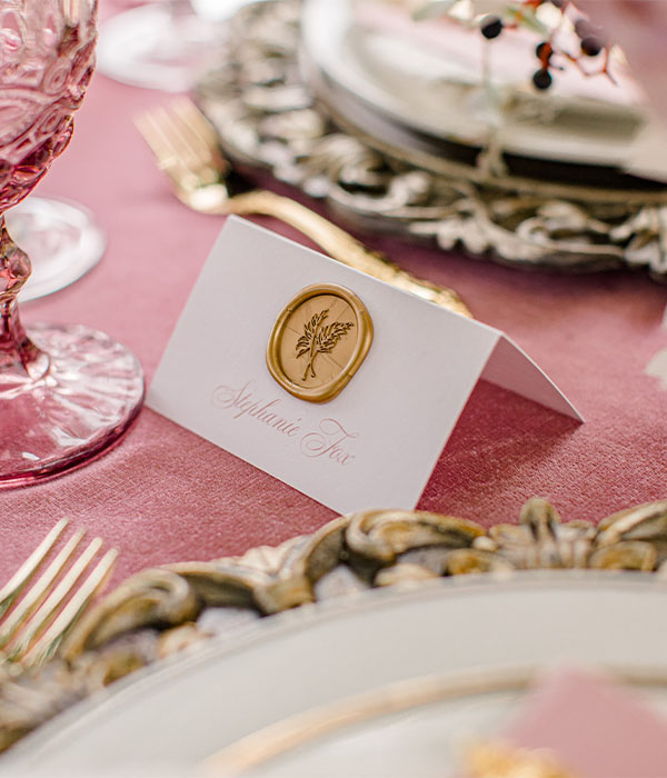 Reception name card - gold wax seal with leaf impression - Stonefields Estate - Ottawa Wedding - The Invitation Studio - Day of Stationery - Wedding Stationery - Kelsey Coles