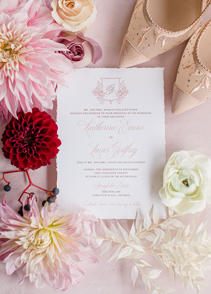 Pink Invitation Flatlay with Flowers - Ottawa - The Invitation Studio - Wedding Invitations, Save The Dates & Signage