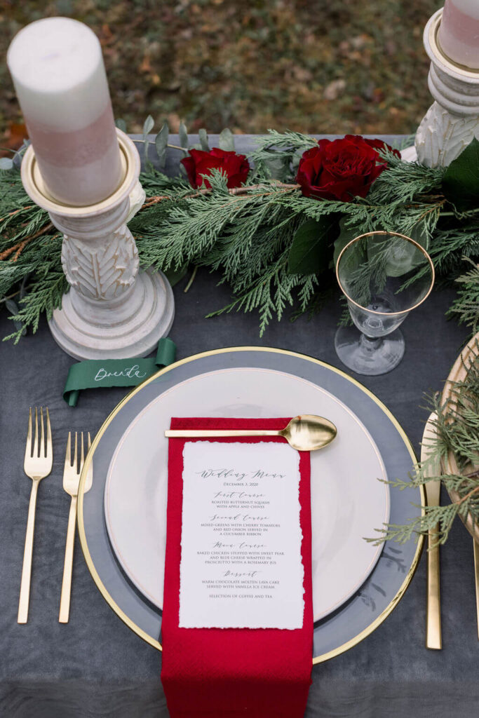 Table Scape with custom menu and greenery garland