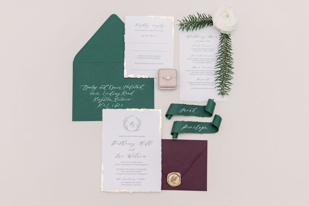 The Invitation Studio - Armstrong Estate Holiday Themed Wedding, Green and Burgundy with Gold Foil