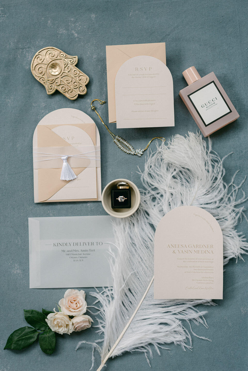 Dome shaped wedding invitation with tassel and vellum envelope