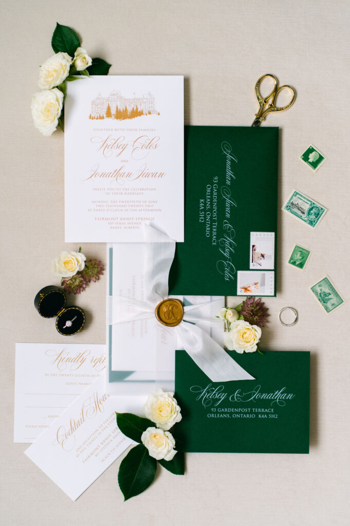 The Invitation Studio - Forest Green with Venue Sketch and Wax Wedding Invitation