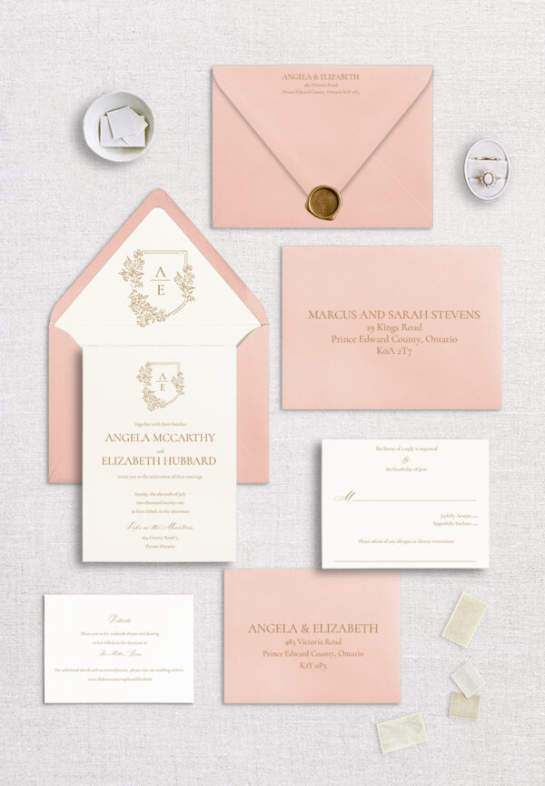 The Invitation Studio - 5 Piece - Luxury Wedding Invitation - Gold and Blush, Wax Seal
