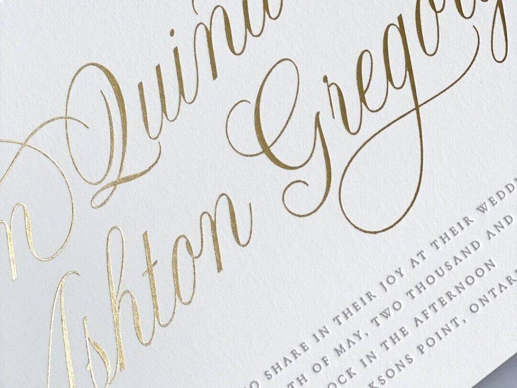 Hot Gold Foil Printing invitation on cotton cardstock with gold text